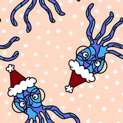 Obraz premium Winter animals seamless cartoon octopus Christmas pattern for Noel wrapping paper and fabrics and linens
