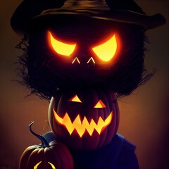 Creepy burning Jack-o-lantern pumpkin head. Halloween Glowing fire flame head - 538219070