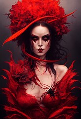 Art creepy sexywitch or vampire, revealing red dress and hat. Halloween card