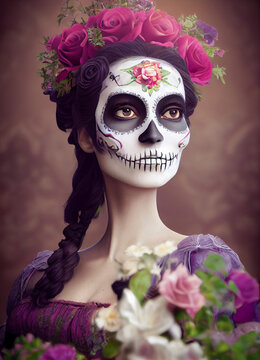 Painted portrait of made up woman celebrating dia de los muertos, the day of the dead in mexico.