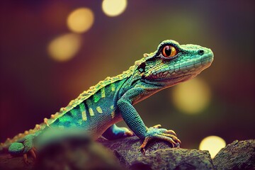 Obraz premium Tiny cute adorable reptile on the rock, intricate details. Cartoon big eyed close up portrait. Soft cinematic lighting, animation style character, anime style, 3d illustration.