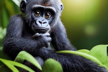 Obraz premium Tiny cute adorable chimpanzee in the jungle, intricate details. Cartoon big eyed close up portrait. Soft cinematic lighting, animation style character, anime style, 3d illustration.