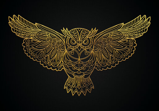 Zentangle golden flying owl art 