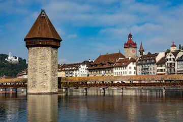 view of the city from the wooden bridge in Lucerne Switzerland 