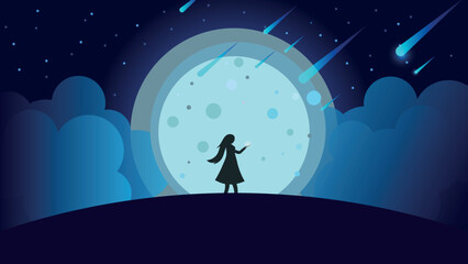 Night illustration and falling stars, night sky and comets, girl holding a star in her hand, big moon and clouds, blue color, space 