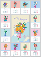 Fototapeta na wymiar Calendar 2023. Stock vector. Lovely and cute boucuets calendar with hand drawn flowers on white Background