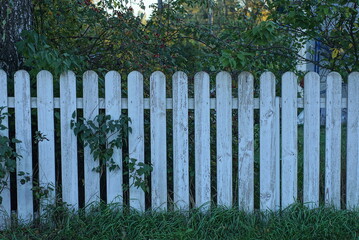 part of a white decorative wooden fence made of boards in green grass and vegetation on a rural street