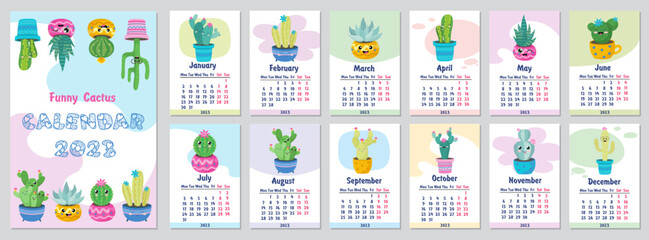 Calendar 2023. Stock vector. Fun and cute calendar with hand drawn succulents and cactus plants. © Наталья Пшеничная