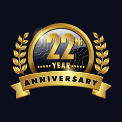 22th anniversary golden logo twenty two Years Badge with number 22 ribbon, laurel wreath vector design
