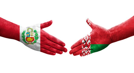 Handshake between Belarus and Peru flags painted on hands, isolated transparent image.