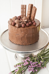 studio photo with food, chocolate cake on a plate next to decorative flowers, cake shop with appetizing dessert, sweets