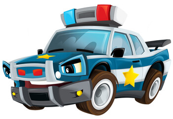 Cartoon smiling police on white background car isolated illustration
