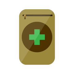 Fototapeta premium First aid kit military compact camping green flat. First aid emergency medical travel small medicine hospital care military hunting camping ammunition compulsory accessory safety rescue human isolated