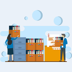 Business man putting document file folder in storage cupboard. man and woman doing filing documents. Archive document storage concept. Flat vector character illustration