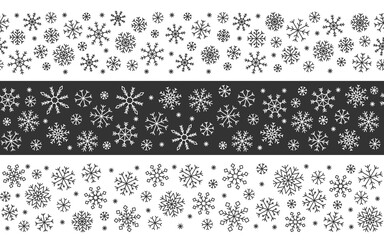 Snowflake seamless pattern border edit black white line set. Thin editable horizontal frame ribbon element festive new year holiday background invitation postcard screensaver web greeting banner