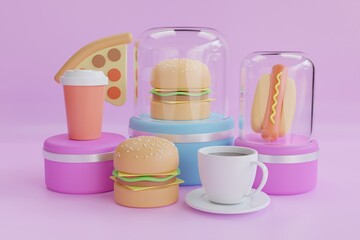 Set of 3d realistic render fast food elements.  Food and beverage. Pizza slice, burger, coffee cup, hot dog on purple background. 3d rendering
