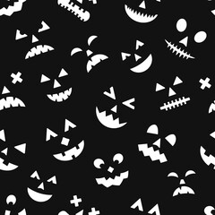 Halloween seamless pattern with scary pumpkin faces on black background. Easy to edit vector template for greeting card, party invitation, fabric, textile, wrapping paper, etc