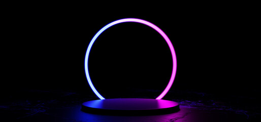 Pink and blue neon light product background stage. the glowing round shape above an empty fashion podium. 3d rendering.