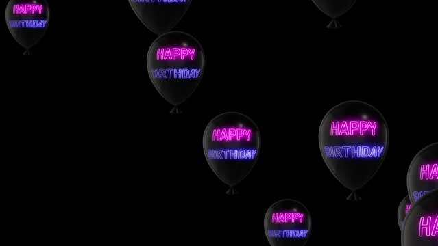 3d birthday balloons flying with neon lights, happy birthday text, party and celebration loop animation background