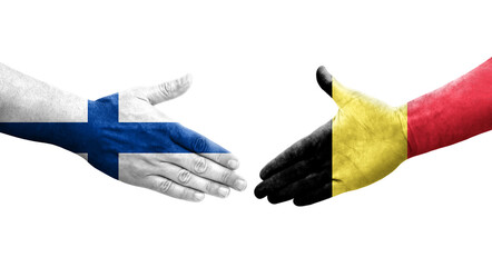 Handshake between Belgium and Finland flags painted on hands, isolated transparent image.