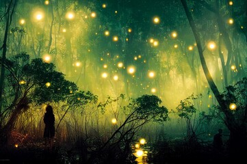 Fireflies in Mangrove Swamp, Wall Art Illustration, generated image