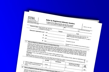 Form 8849 (Schedule 2) documentation published IRS USA 44055. American tax document on colored