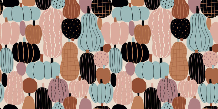 Fototapeta Seamless pattern with colorful pumpkins. Vector hand drawn illustration. Halloween background.