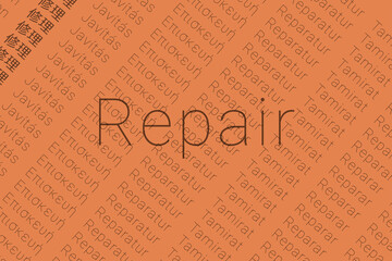 Word Repair in languages of world. Logo Repair on Coral color