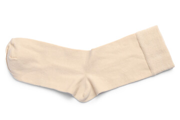 New beige sock isolated on white, top view