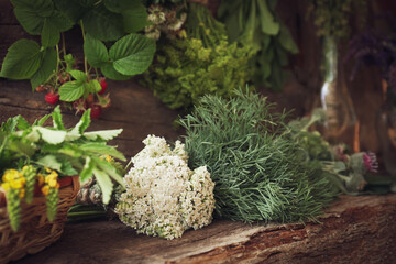 Bunches of different beautiful dried flowers on wooden table