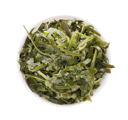 Fresh laminaria (kelp) seaweed in bowl isolated on white, top view