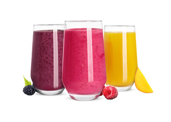 Different delicious smoothies in glasses on white background