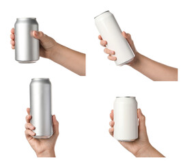 Collage with photos of women holding different cans with beverages on white background, closeup