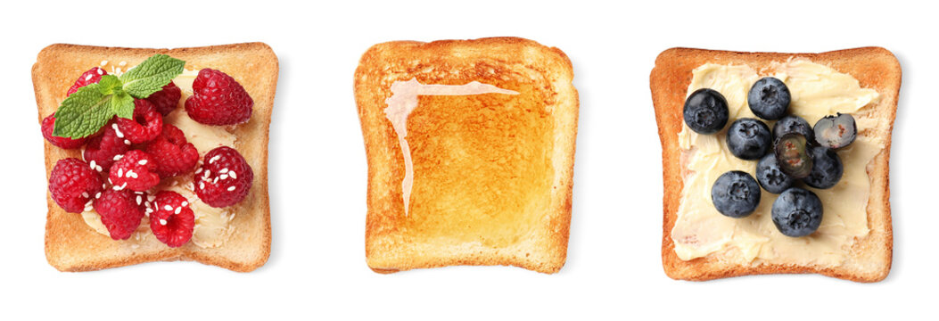 Set of different toasts on white background, top view. Banner design