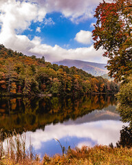 amazingly beautiful autumn day in the Smoky Mountains with trees reflecting in lake water at Vogel state park, Georgia with vertical frame