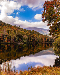 amazingly beautiful autumn day in the Smoky Mountains with trees reflecting in lake water at Vogel...