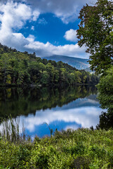 Fototapeta na wymiar amazingly beautiful Spring or Summer day in the Smoky Mountains with trees reflecting in lake water at Vogel state park, Georgia with vertical frame 