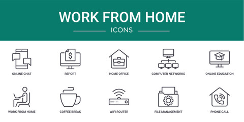 set of 10 outline web work from home icons such as online chat, report, home office, computer networks, online education, work from home, coffee break vector icons for report, presentation, diagram,