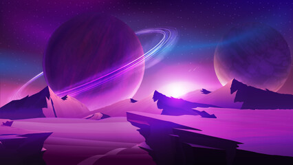 Nature on another planet with a huge planets and large mountains on horizon. Mars purple space landscape with large planet on purple sky © DDevicee