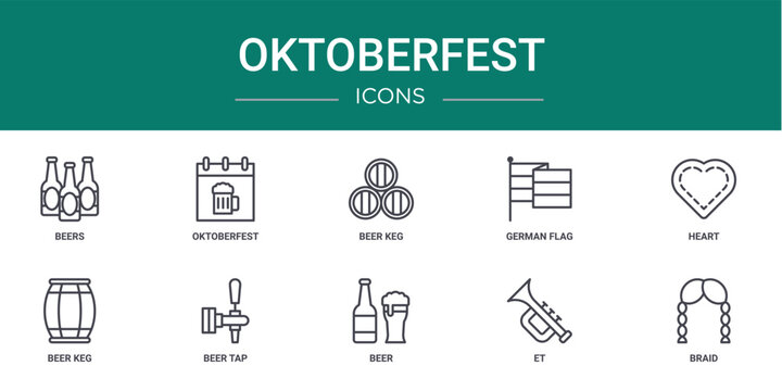 Set Of 10 Outline Web Oktoberfest Icons Such As Beers, Oktoberfest, Beer Keg, German Flag, Heart, Beer Keg, Beer Tap Vector Icons For Report, Presentation, Diagram, Web Design, Mobile App