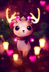 Adorable female reindeer with lantern. Christmas scene. 3D render. Pink heart shaped bokeh. Cinematic. Modern animation. Detailed fur.