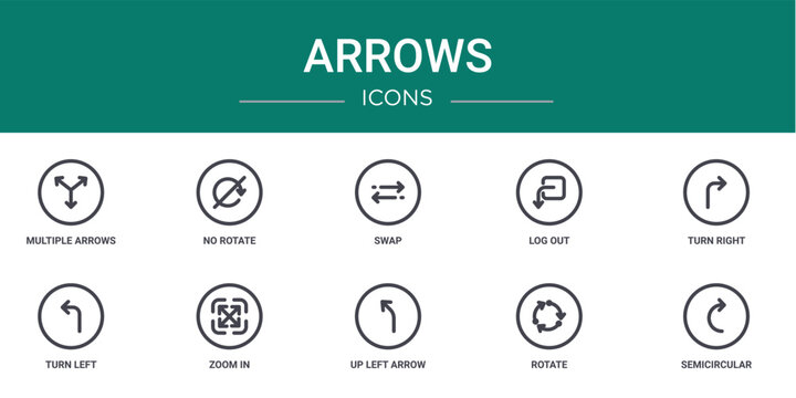set of 10 outline web arrows icons such as multiple arrows, no rotate, swap, log out, turn right, turn left, zoom in vector icons for report, presentation, diagram, web design, mobile app