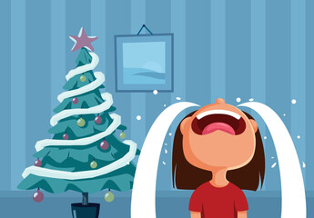 Sad Little Girl Crying on Christmas Day Vector Cartoon. Unhappy child expressing disappointment on holidays gifts after misbehaving
 - obrazy, fototapety, plakaty