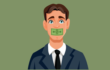 Businessman Being Silenced by Dollar Payment Vector Cartoon. Corrupt person buying silence censoring and lobbying with bribe money
