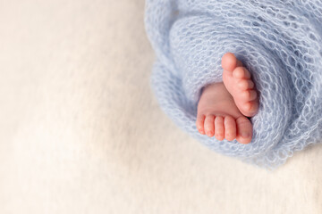 Newborn baby feet on an oatmeal background wrapped in a knitted blanket