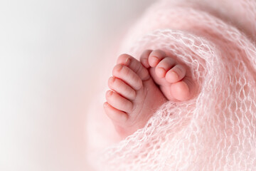Closeup of newborn  feet wrapped in a knitted blanket