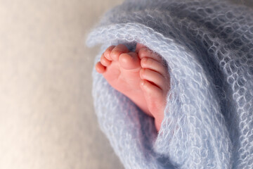 Newborn baby feet on an oatmeal background wrapped in a knitted blanket