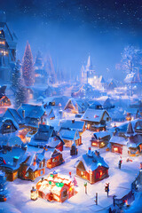 A festive and snowy Christmas village at night. Generative AI creation.