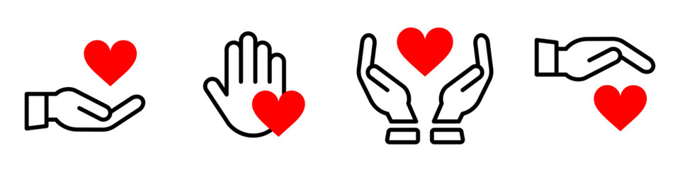 Obraz premium Conjunto de icono de donación. Corazón rojo en la mano. Símbolo de amor. Ilustración vectorial