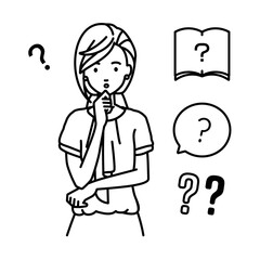 立って手をあごにあてて疑問を感じているオフィスカジュアルの女性 クエスチョンマークのセット